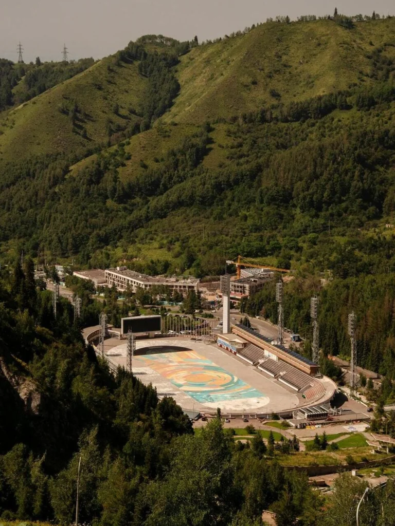 Summer aerial view of the Medeo stadium in the green mountains of Almaty