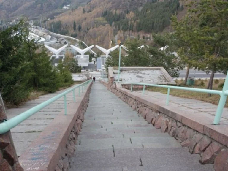 Long stone staircase leading up beside the Medeo sports complex